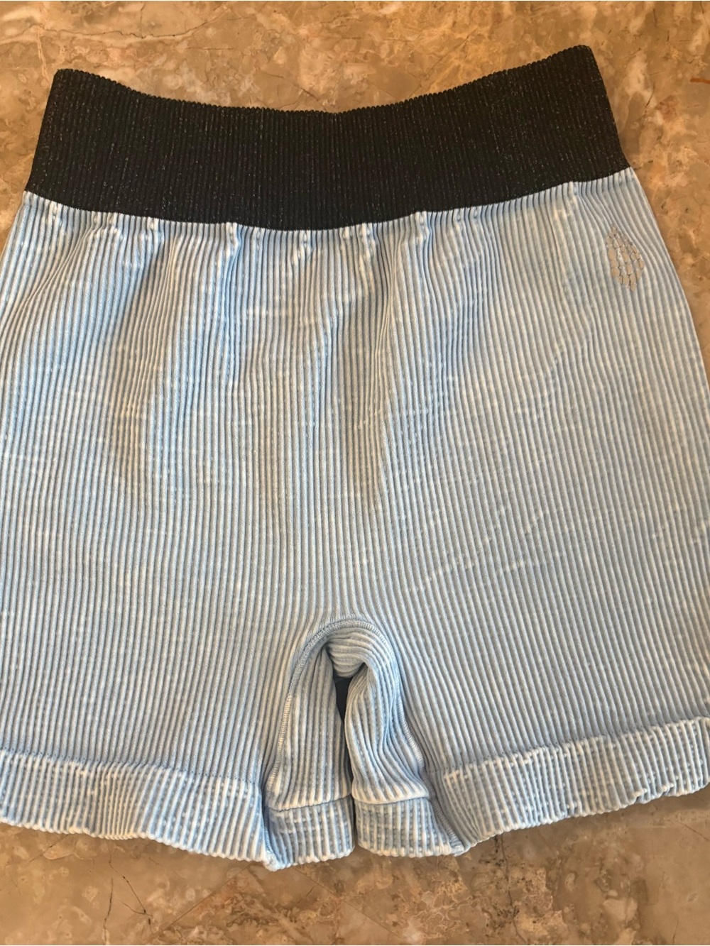 Free People Blue Ribbed Shorts with Black Elastic Waistband